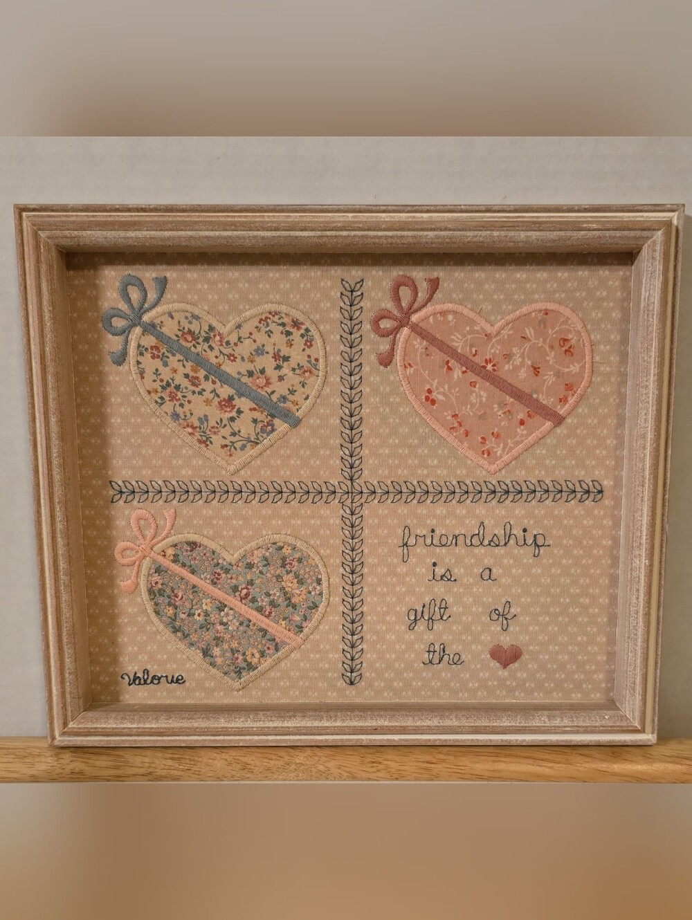 Vintage Valorie Sockwell Folk Art Applique Framed Friendship Hearts Wall Decor